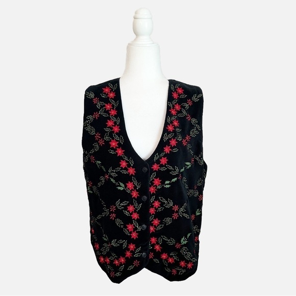 Vintage Jackets & Blazers - VTG Chrysantheme Black Velvet Embroidered Christmas Floral Button Vest Medium